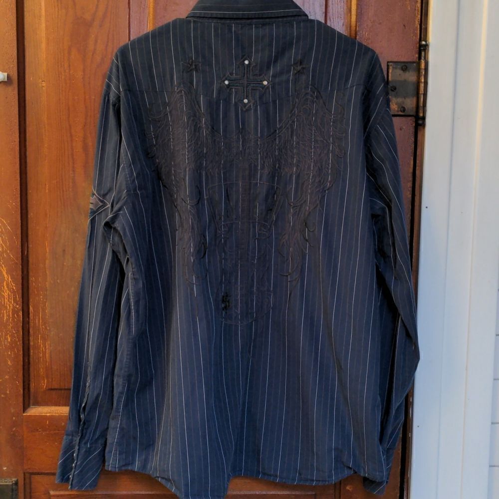 2/$20 Indigo Star Pin-Stripe Navy Blue Military Style Shirt Pearl Buttons Sz XL - Picture 4 of 12